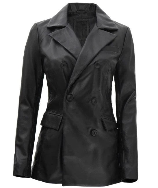 Breanna Women Double Breasted Black Leather Blazer
