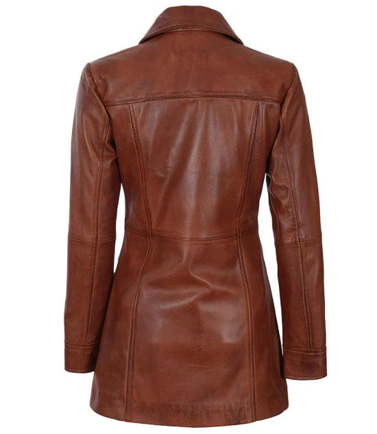 Kandis Womens Cognac Leather Car Coat