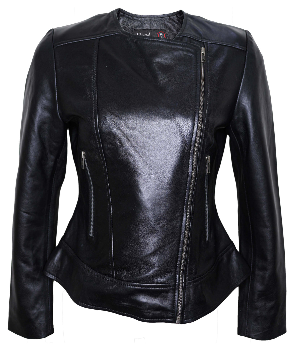 Women Round Necked Black Leather Jacket