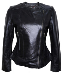 Women Round Necked Black Leather Jacket