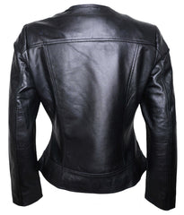 Women Round Necked Black Leather Jacket