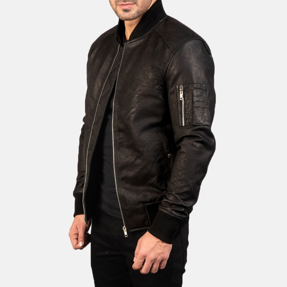 Bomia Distressed Black Leather Bomber Jacket