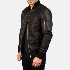 Bomia Distressed Black Leather Bomber Jacket