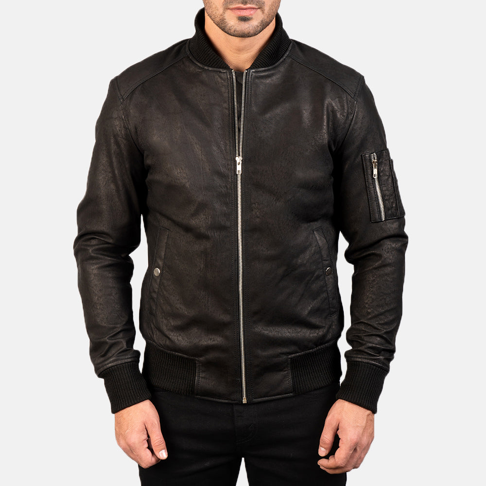 Bomia Distressed Black Leather Bomber Jacket
