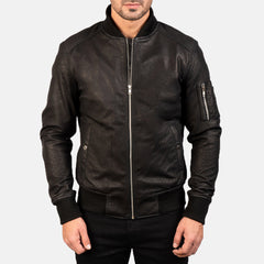 Bomia Distressed Black Leather Bomber Jacket