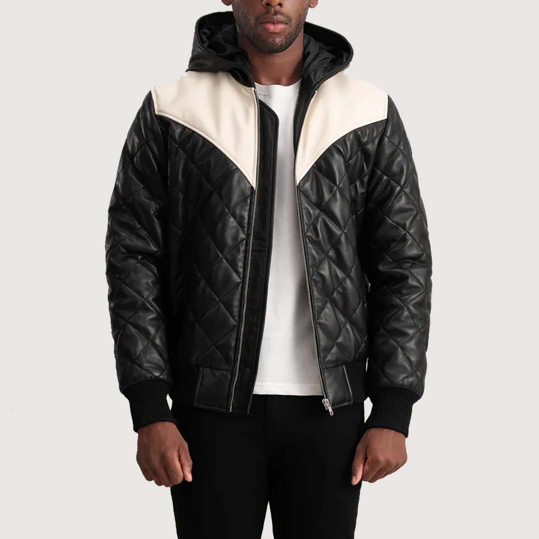 Norman Black Hooded Bomber Leather Puffer Jacket