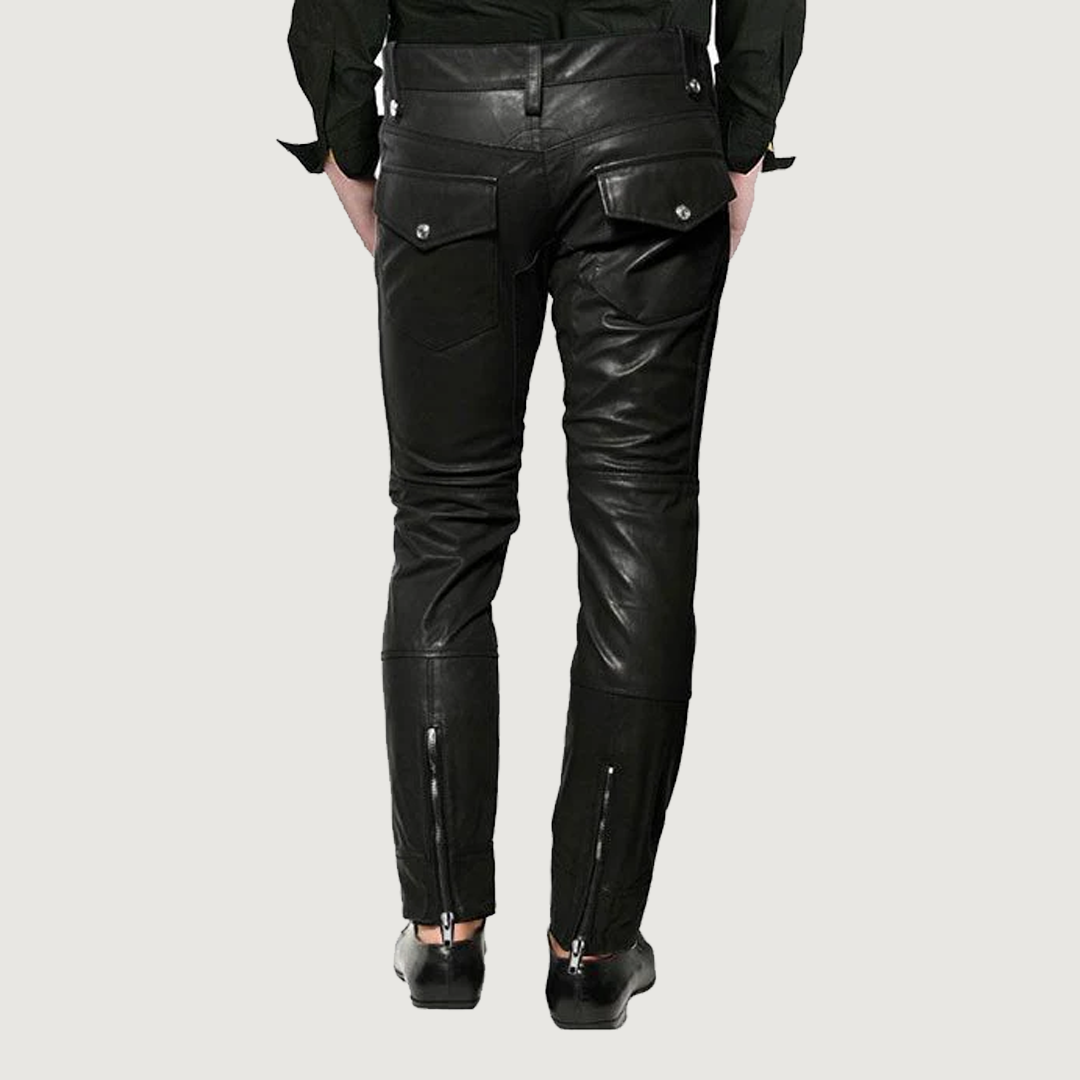 Men Cross Front Zipper Leather Pants