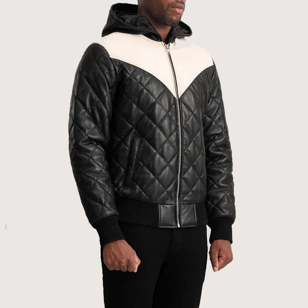 Norman Black Hooded Bomber Leather Puffer Jacket