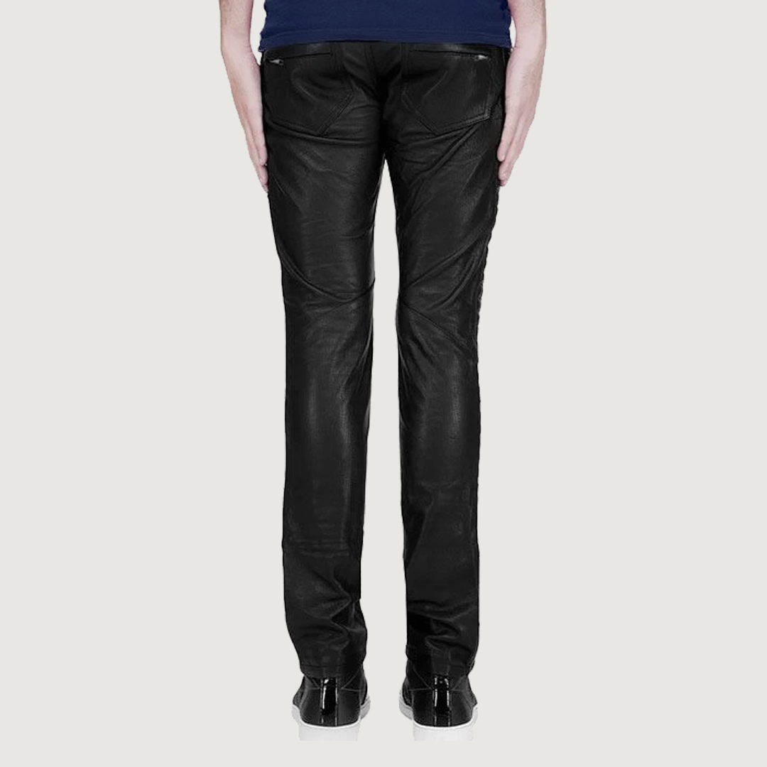 Waist Belted Black Leather Biker Pants