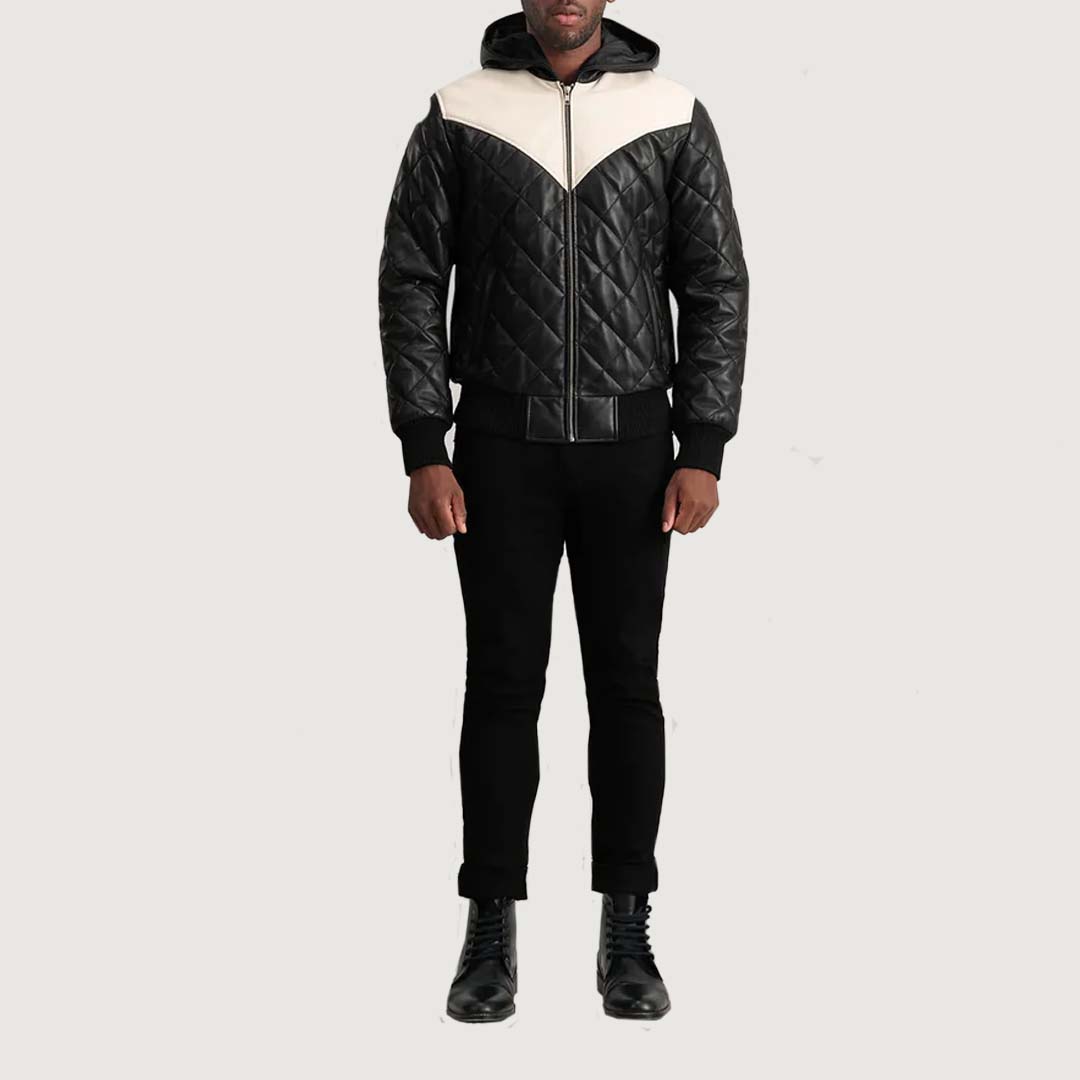 Norman Black Hooded Bomber Leather Puffer Jacket
