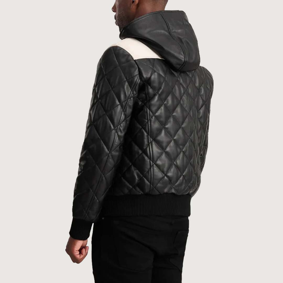 Norman Black Hooded Bomber Leather Puffer Jacket