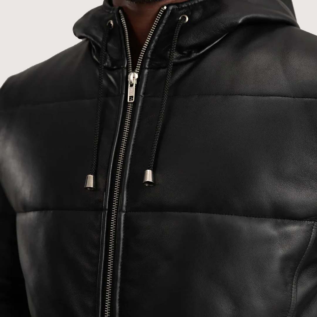 Floyd Black Hooded Leather Puffer Coat