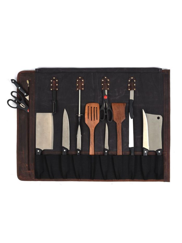 Tourbon Leather Knife Roll - Dark Brown